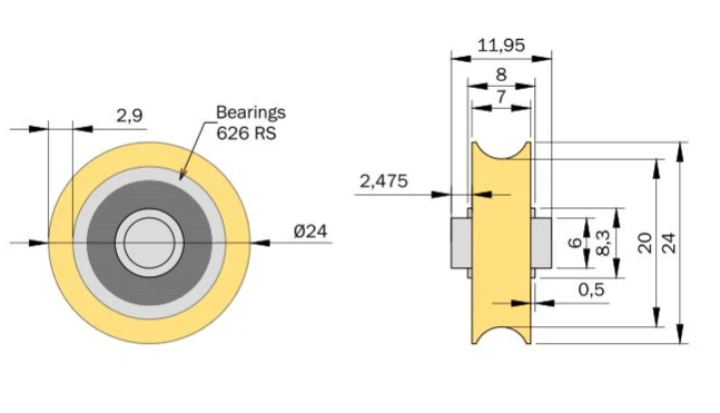  drawing Size 6*24mm Nylon roller bearing Drawing Plastic injection molded Nylon bearing